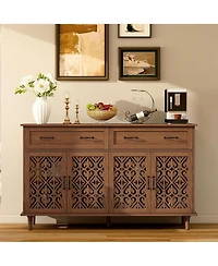 Rainsken Vintage Sideboard Buffet Cabinet, Entryway 4 Doors Storage Cabinet with Hand-Carved Hollow Doors, 2 Drawers and Metal Handles for Living Room