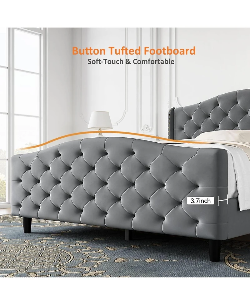 gaomon Velvet Bed Frame, Tufted Wingback Headboard, Upholstered Platform Bed, Strong Wooden Slats, No Box Spring Needed, Easy Assembly