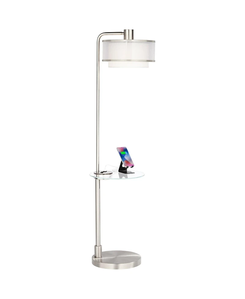 Possini Euro Design Vogue Modern Floor Lamps with Tray Tables 60" Tall Set of 2 Brushed Nickel Usb Charging Port Double Shade for Living Room Bed