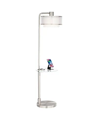 Possini Euro Design Vogue Modern Floor Lamps with Tray Tables 60" Tall Set of 2 Brushed Nickel Usb Charging Port Double Shade for Living Room Bed