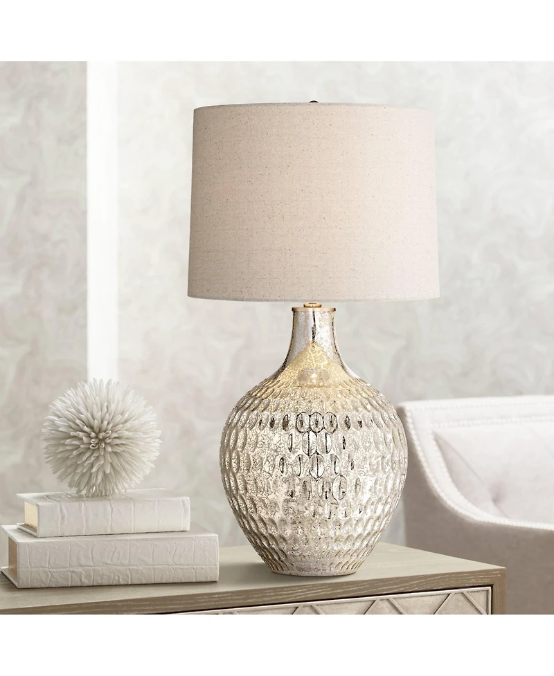 360 Lighting Modern Table Lamp 28" Tall with Usb Charging Port Mercury Glass Drum Shade for Bedroom Living Room Home Bedside Office