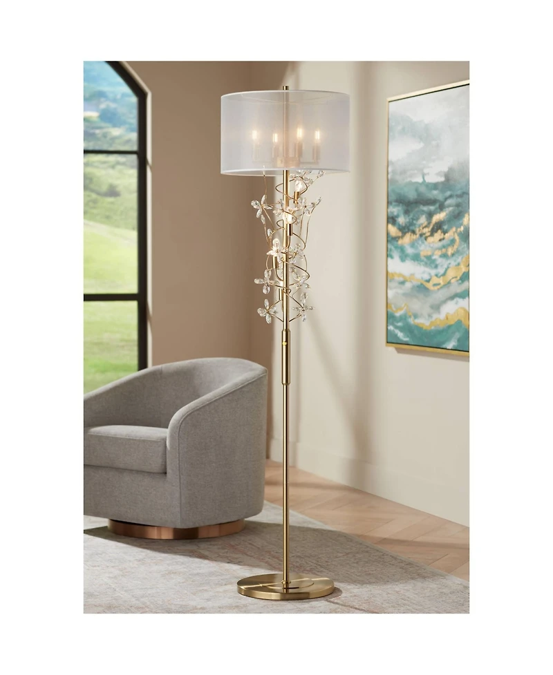 Possini Euro Design Vivant Modern 71 1/2" Tall Standing Floor Lamp 8-Light Crystal Spray Metal Soft Gold Finish Drum Shade