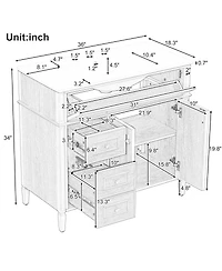 Busdays 36" Solid Wood Bathroom Vanity with Sink, 3 Drawers and 2 Soft-Close Doors, Rubber Wood Handles, Mdf Construction