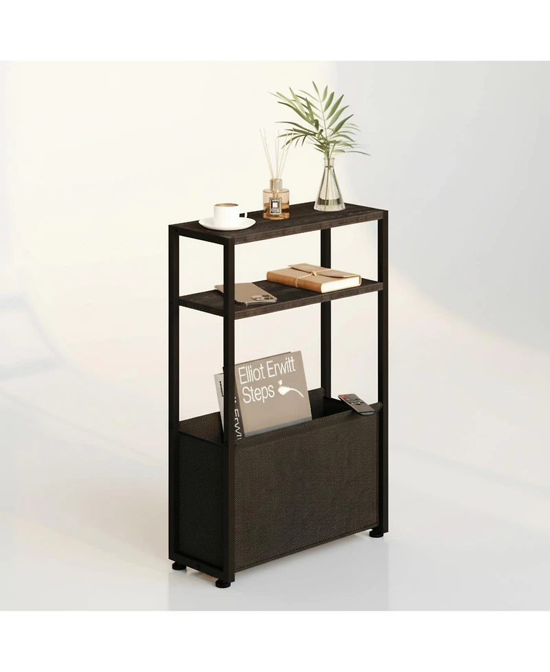 Yigii Narrow Side Table Slim End With Fabric Basket Compact Storage Sturdy Adjustable Feet Easy Assemble