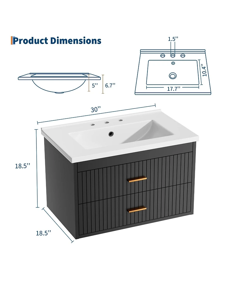 homfan Floating Bathroom Vanity with Sink and Drawers - Wall Mounted Modern Cabinet, Resin Combo, Water-Resistant Cabinet