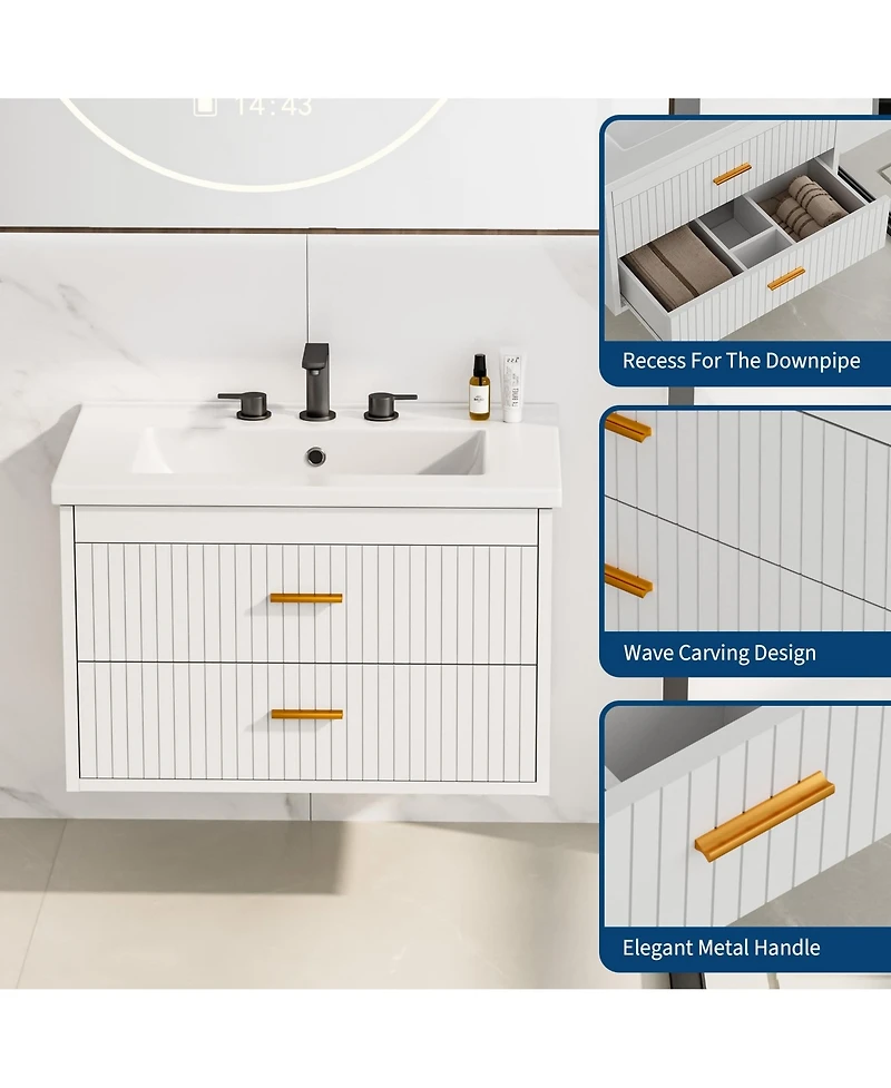 homfan Floating Bathroom Vanity with Sink and Drawers - Wall Mounted Modern Cabinet, Resin Combo, Water-Resistant Cabinet