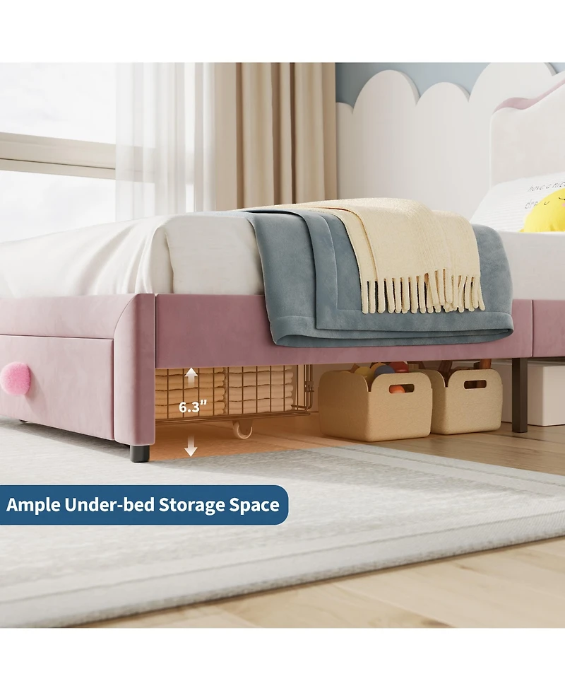 homfan Versatile Scallop Headboard Twin Bed Frame - Upholstered Platform with Storage Drawer Sturdy Wooden Slats Noise-Free Easy Assembly