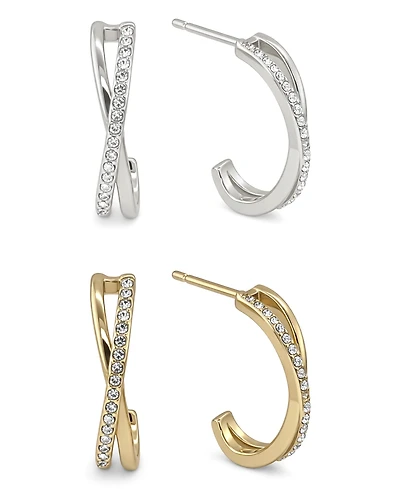 And Now This Clear Crystal Criss Cross Hoop Set in Silver Plate and Gold Plate
