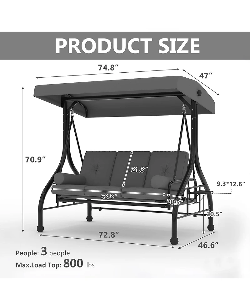 Homfan 3-seat porch swing with stand, adjustable canopy, 800 lb capacity, cup holder tray, cushions and pillows for outdoor patios.