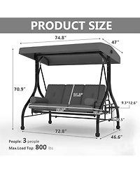 Homfan 3-seat porch swing with stand, adjustable canopy, 800 lb capacity, cup holder tray, cushions and pillows for outdoor patios.