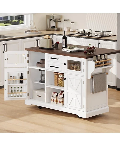 Streamdale Furniture Kitchen Island Drop Leaf, Power, Storage, Glass Door, Wheels