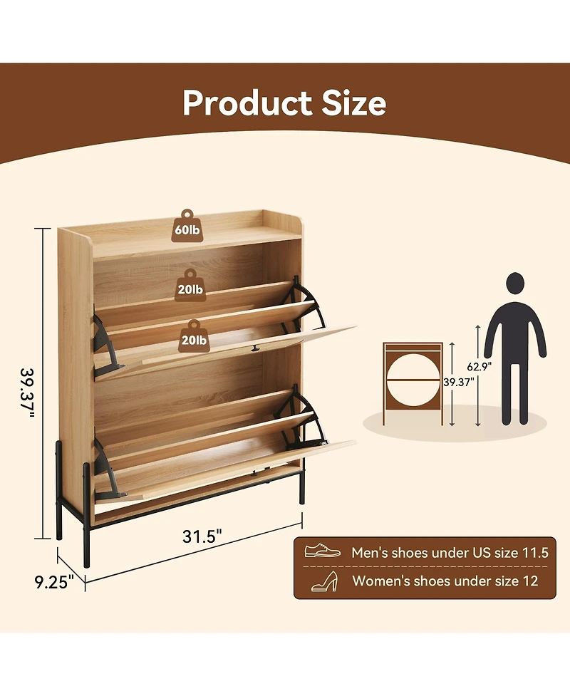 Rainsken Rattan Shoe Cabinet, Narrow Freestanding Storage Organizer with 2 Flip-Top Drawers and Metal Legs for Entryway