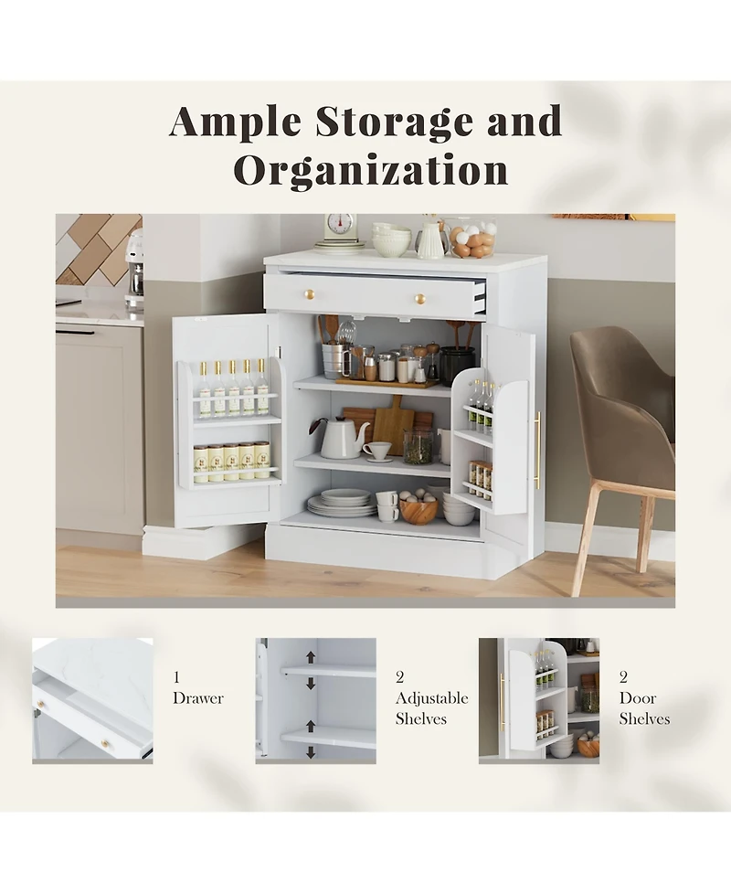 Rainsken Modern Kitchen Pantry, Buffet Food Storage, Coffee Bar Cabinet with Drawer, 2 Adjustable Shelves and 2 Door Shelves for Dining Room