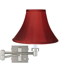 Possini Euro Design Modern Swing Arm Wall Lamp Brushed Nickel Plug-In Light Fixture Deep Red Dupioni Silk Bell Shade for Bedroom