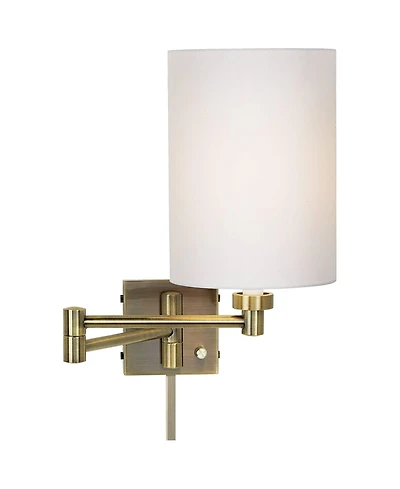 Barnes and Ivy Modern Swing Arm Wall Lamp with Cord Cover Antique Brass Plug-In Light Fixture White Cotton Cylinder Shade Bedroom