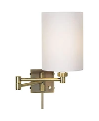 Barnes and Ivy Modern Swing Arm Wall Lamp with Cord Cover Antique Brass Plug-In Light Fixture White Cotton Cylinder Shade Bedroom