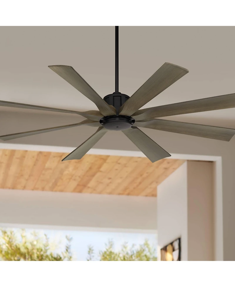 Possini Euro Design 60" Defender Industrial Rustic Indoor Outdoor Ceiling Fan Remote Matte Black Weathered Oak Damp Rated Patio