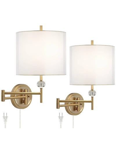 Possini Euro Design Kohle Modern Swing Arm Wall Lamps Set of 2 Polished Brass Plug-In Light Fixture White Drum Shade for Bedroom