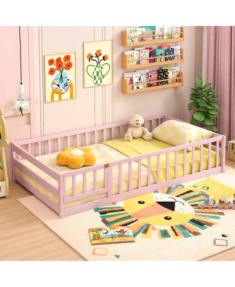 Gouun Twin Size Kids Montessori Floor Bed with Door and Protective Fence