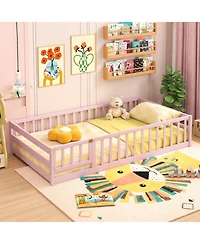Gouun Twin Size Kids Montessori Floor Bed with Door and Protective Fence