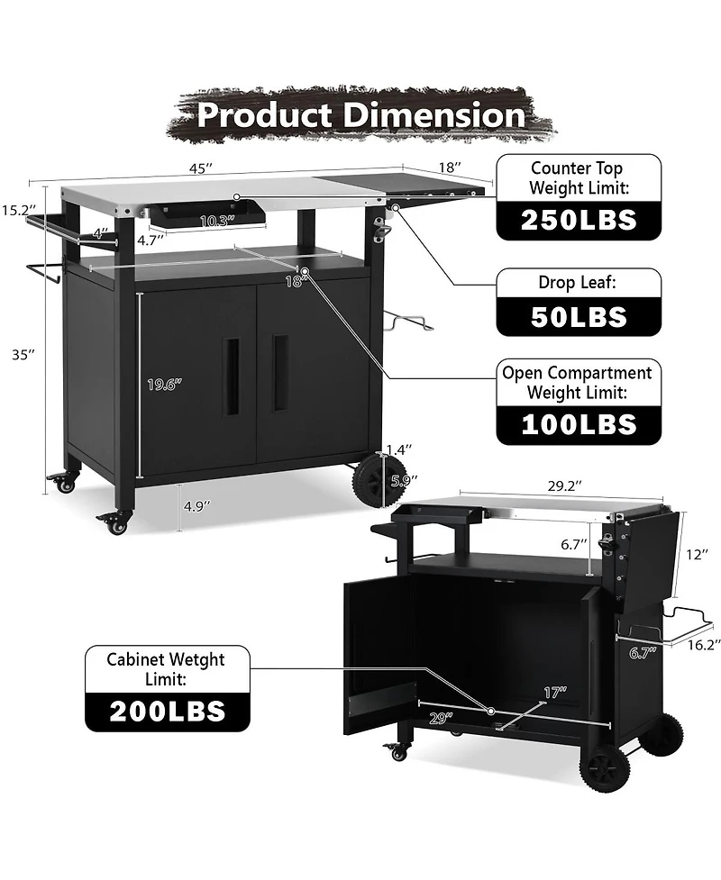 Streamdale Furniture Outdoor Grill Cart Storage, Foldable Table, Ss Top, Wheels