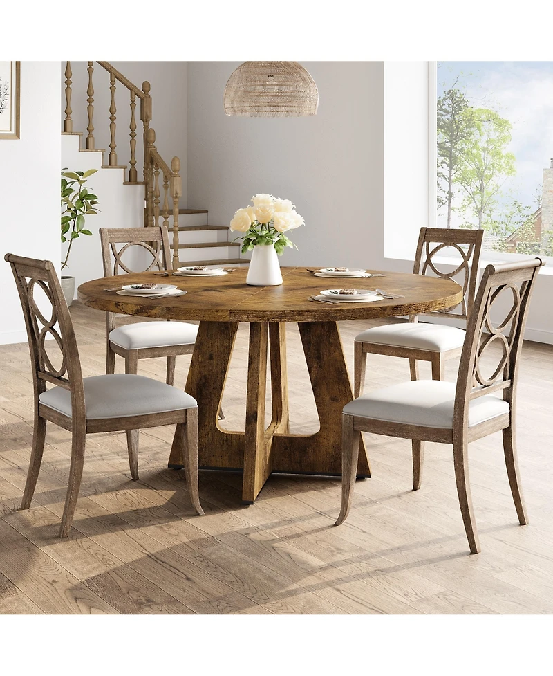 Homfan Round Dining Table, Farmhouse Table for 4-6, Mid Century Wood with Wide Top and Cross Base, Circle Kitchen