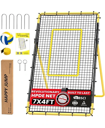 Happy Jump 7x4 Ft Portable Volleyball Rebounder Net, 5 Adjustable Angles Bounce Back Trainer, Heavy-Duty Steel Frame and 45-Ply Net