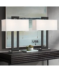 360 Lighting Neil 26" Rectangular Rustic Modern Table Lamps with Usb Port And Pull Chain, Set of 2