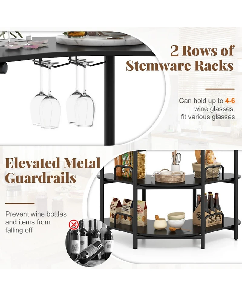 Gouun 3-Tier Liquor Bar Table with Stemware Racks and Storage Shelves
