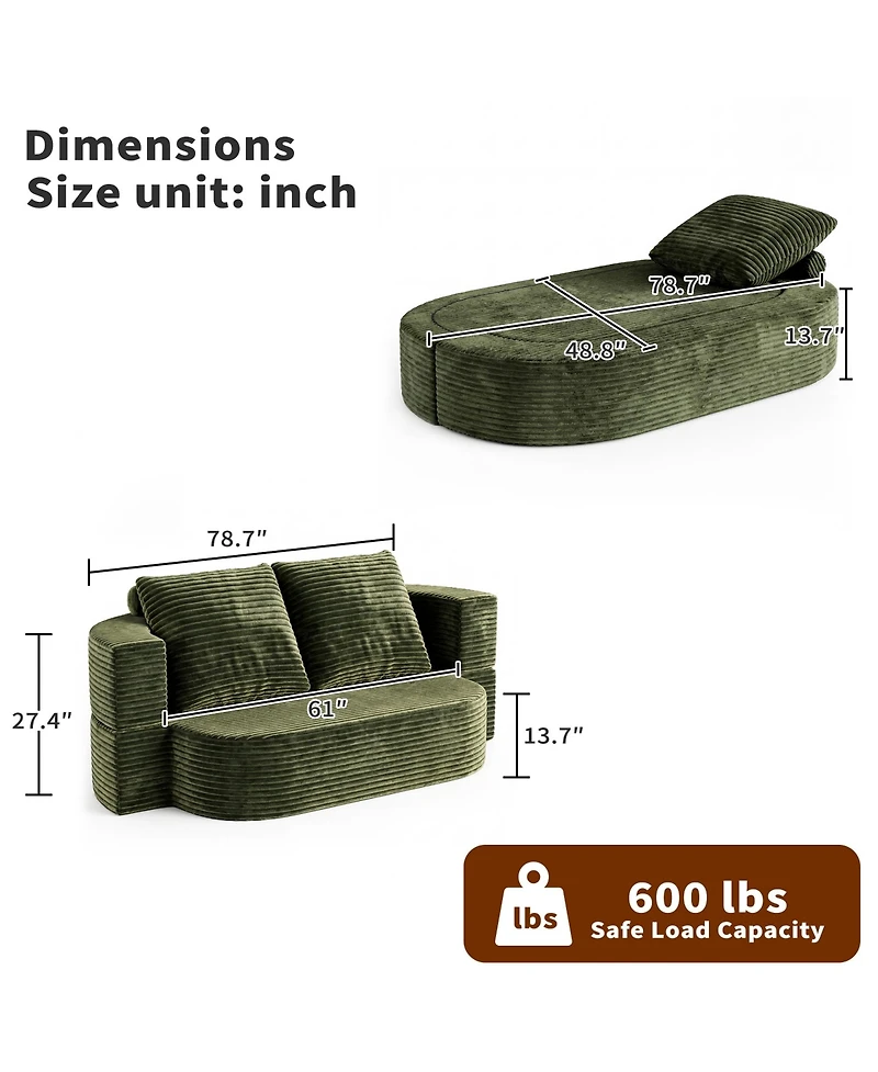 Rainsken 78.7" Floor Sofa Bed, Convertible Curved Couch Sleeper with Plush Corduroy Foam-Filled Cushions, Futon Loveseat for Living Room
