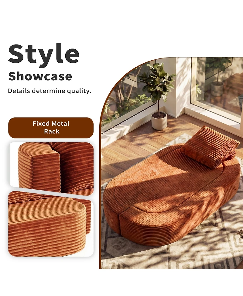 Rainsken 78.7" Convertible Curved Floor Sofa Bed, Plush Corduroy and Foam-Filled Sleeper Couch, Futon Loveseat for Living Room