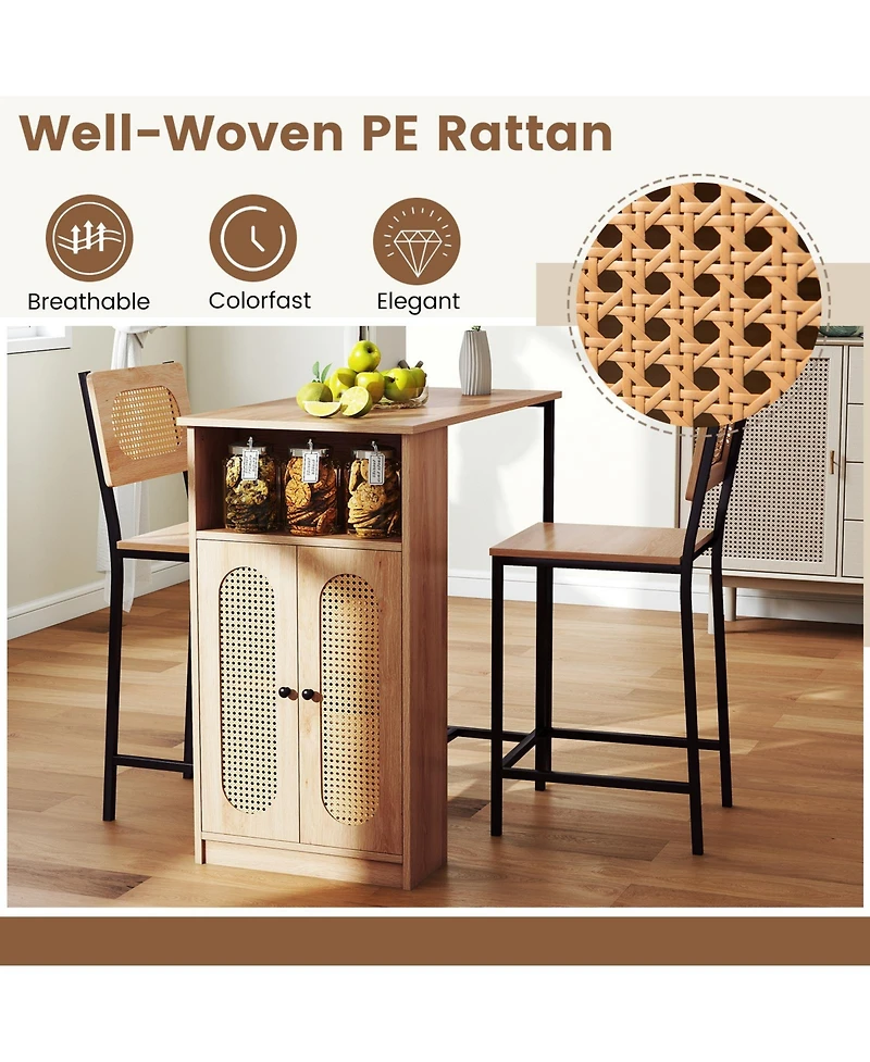 Gymax 3 Pcs Bar Table and Chairs Set w/ 2 Bar Stools and Storage Shelves Backrests