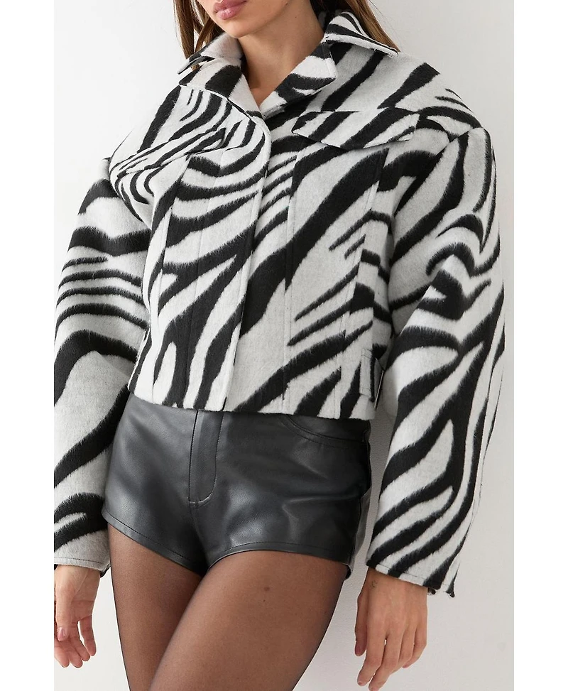MissPap Women's Zebra Cropped Collared Jacket