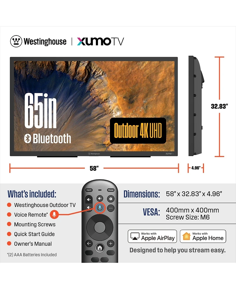 Westinghouse 65" Outdoor Waterproof Smart Tv, 4K Uhd 700 Nits Anti-Glare, Xumo Ps Series, Bluetooth