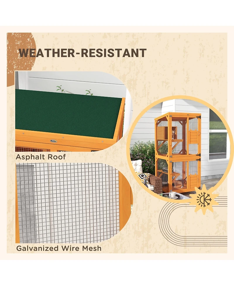 Zeus & Ruta Large Cat Haven with Elevated Sleeping Platform, 71" Wooden Frame with Asphalt Roof, Indoor/Outdoor Enclosure with Wheels