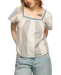 Lucky Brand Women's Striped Square Neck Embroidered Top