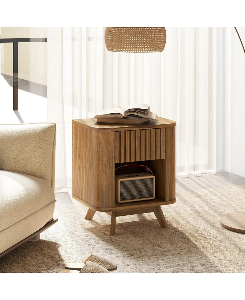 sumyeg Mid-century Wood Nightstand with Drawer and Open Shelf