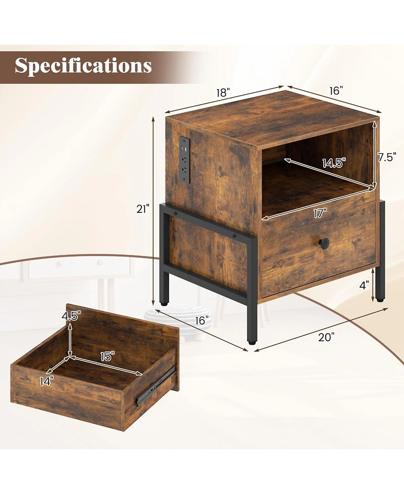 sumyeg Nightstand with Charging Station and Drawer Sofa Side Table