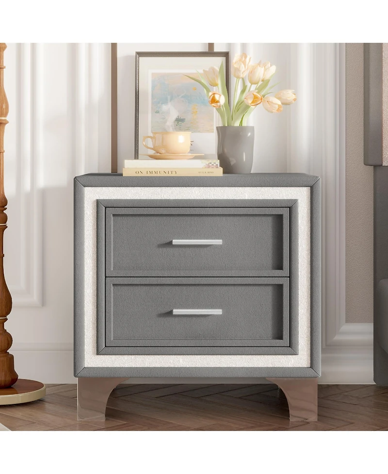 sumyeg Mid Century Vintage Nightstand with 2 Drawers, Silver Glitter Strip and Metal Legs