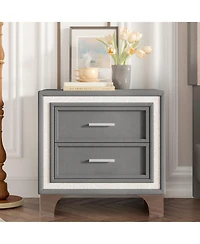 sumyeg Mid Century Vintage Nightstand with 2 Drawers, Silver Glitter Strip and Metal Legs