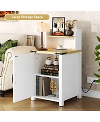 sumyeg Nightstand with Charging Station, 18" Farmhouse End Table with Barn Door and Adjustable Shelf