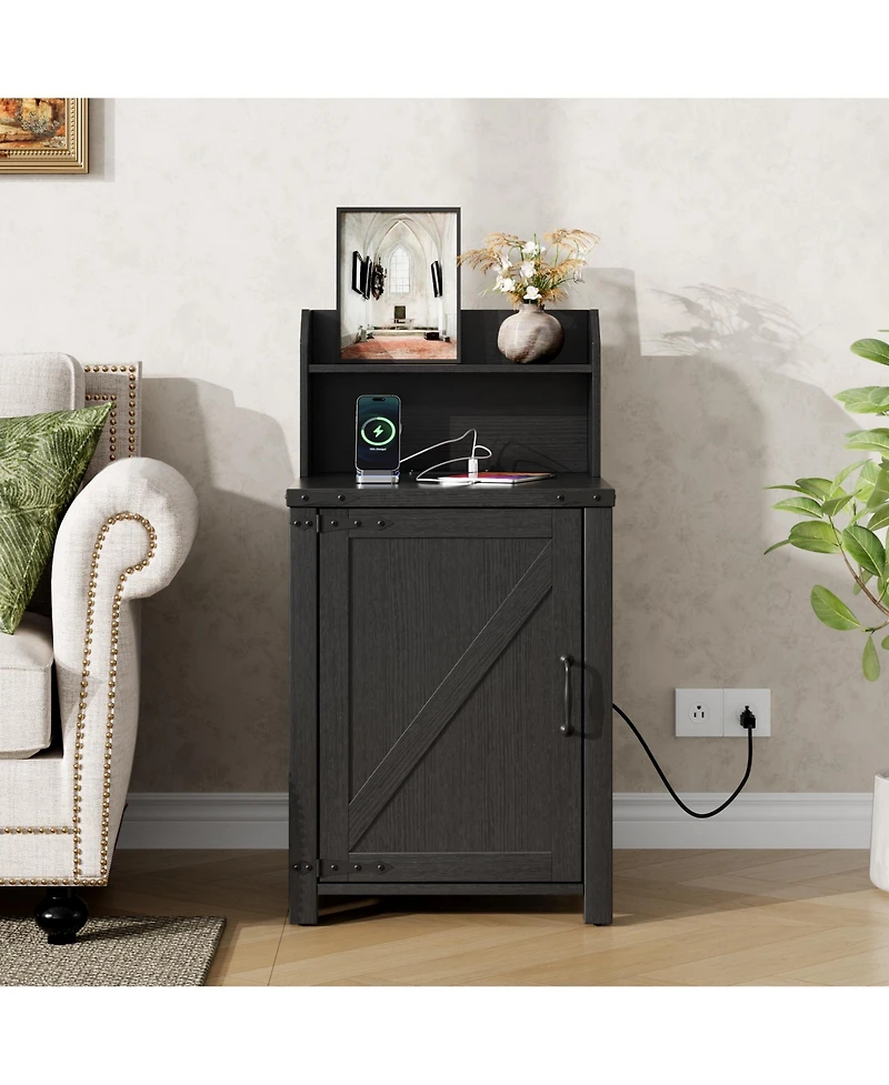 sumyeg Nightstand with Charging Station, 18" Farmhouse End Table Barn Door and Adjustable Shelf