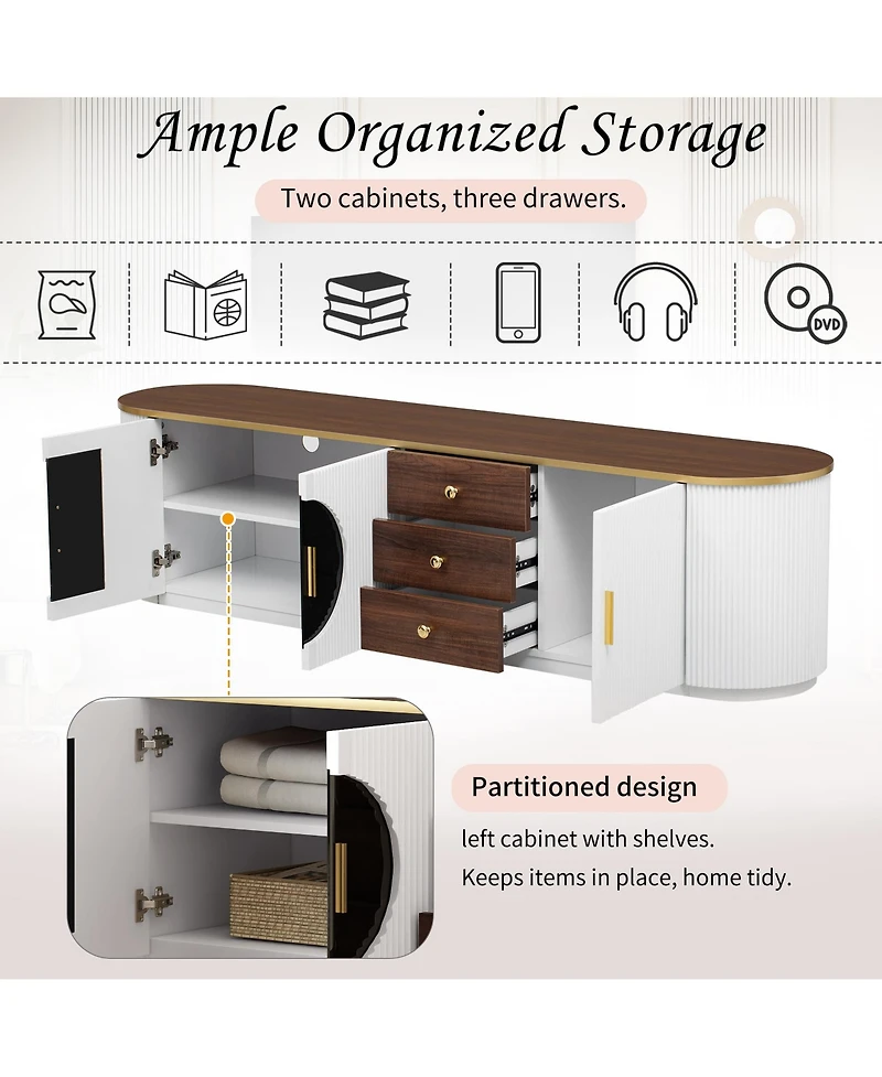 Rainsken Modern Tv Stand for TVs up to 80 Inches, Entertainment Center with 3 Drawers, 2 Cabinets and Metal Handles for Living room