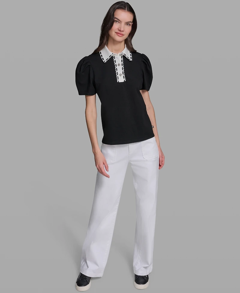 Karl Lagerfeld Paris Women's Collared Short-Sleeve Top