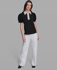 Karl Lagerfeld Paris Women's Collared Short-Sleeve Top
