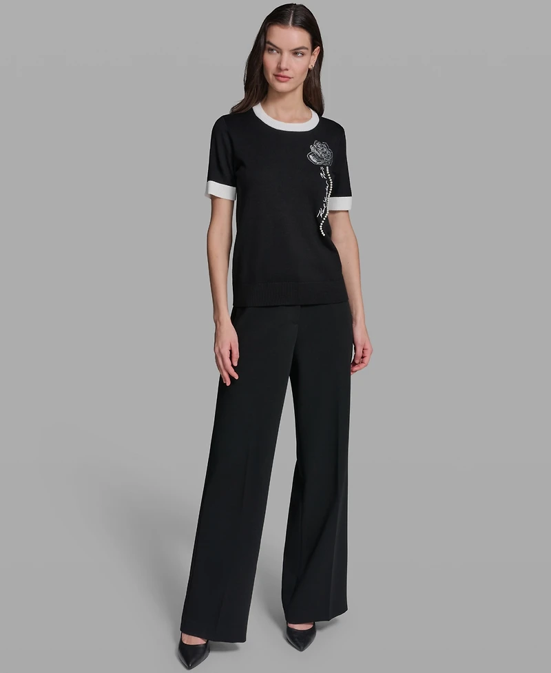 Karl Lagerfeld Paris Women's Rose Detail Crewneck Sweater