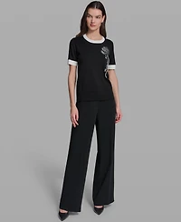 Karl Lagerfeld Paris Women's Rose Detail Crewneck Sweater