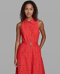 Karl Lagerfeld Paris Women's Sleeveless Collared Eyelet Dress