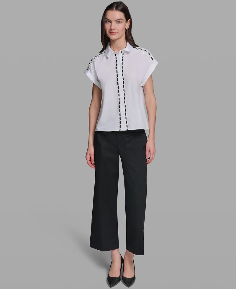 Karl Lagerfeld Paris Women's Collared Eyelet Trim Top