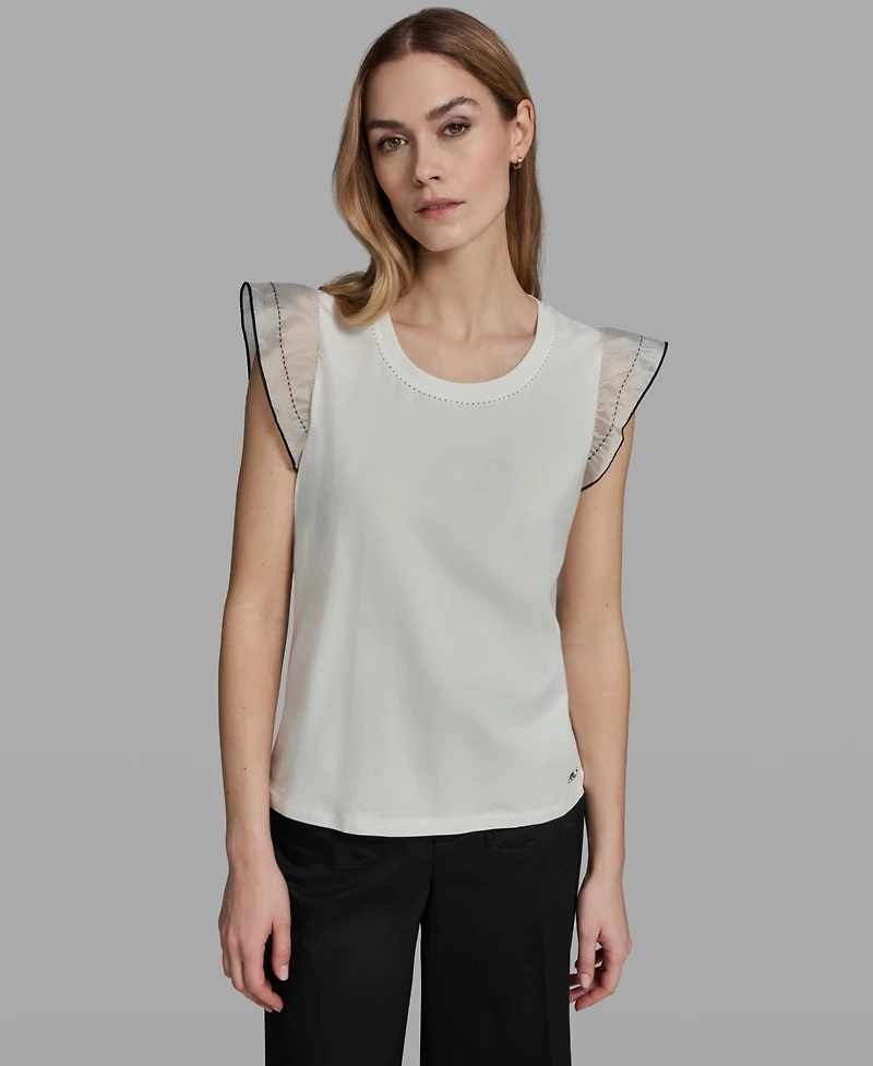 Karl Lagerfeld Paris Women's Ruffle-Sleeve Crewneck Top